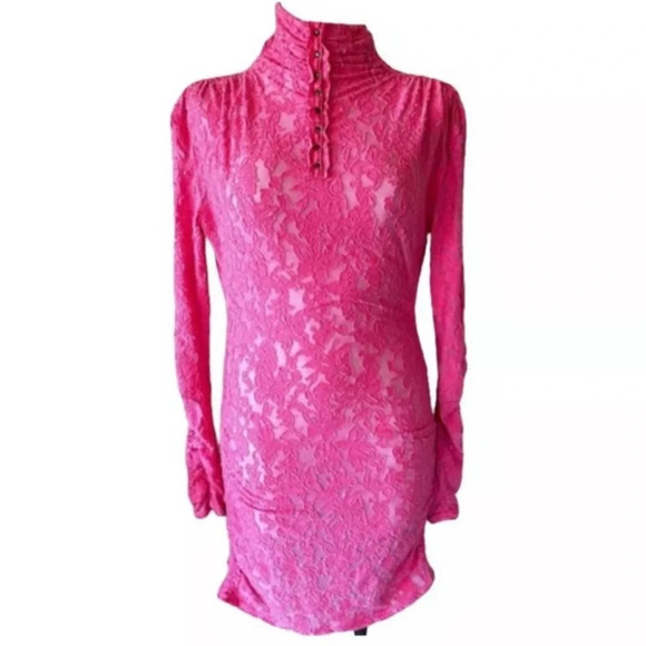 New! Free People long gathered sleeve lace mock neck Dress nwot 18588 - Picture 1 of 12